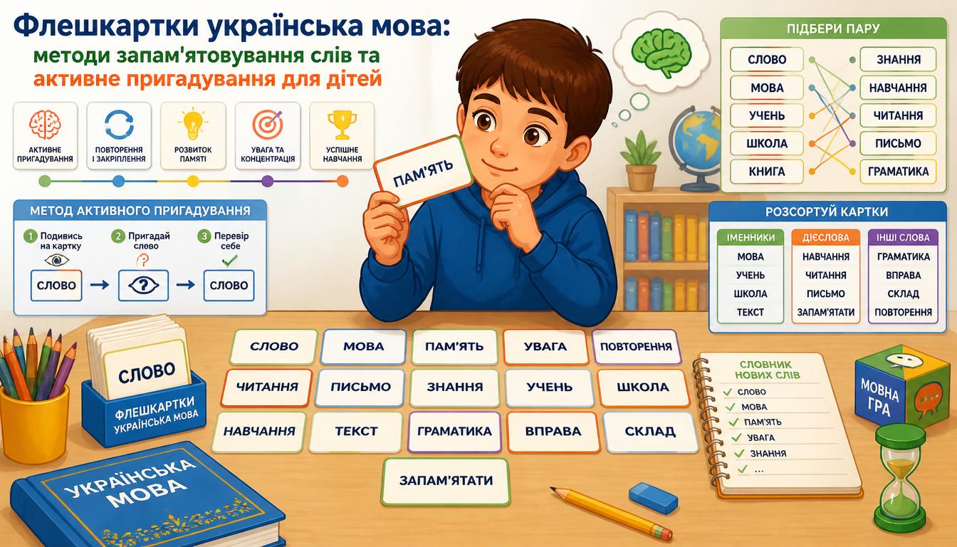 Флешкартки українська мова: методи запам'ятовування слів та активне пригадування для дітей